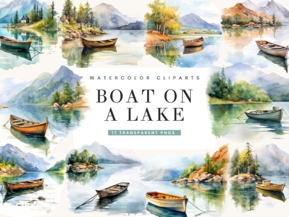 Download Watercolor Boat on a Lake Clipart Bundle - Lake clipart Collection